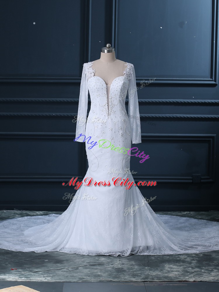 White Wedding Gowns Sweetheart Long Sleeves Court Train Backless