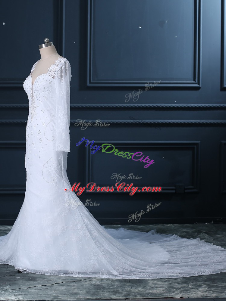 White Wedding Gowns Sweetheart Long Sleeves Court Train Backless