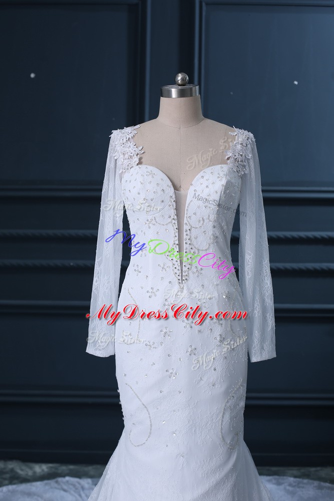 White Wedding Gowns Sweetheart Long Sleeves Court Train Backless