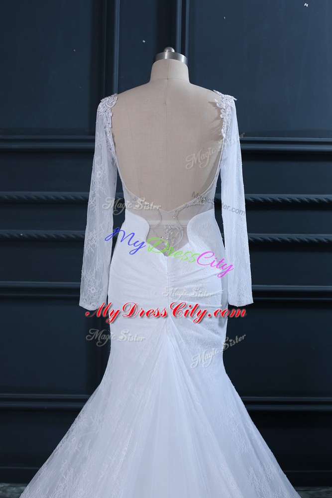 White Wedding Gowns Sweetheart Long Sleeves Court Train Backless