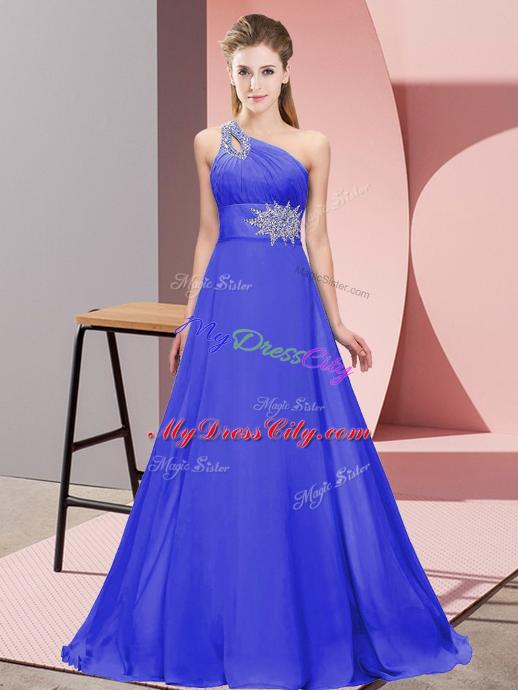 Flirting Purple Column/Sheath Chiffon One Shoulder Sleeveless Beading and Ruching Floor Length Lace Up Dress for Prom