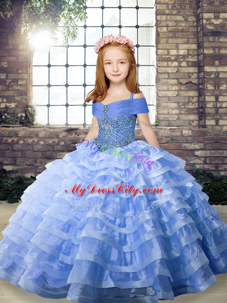 Sleeveless Beading and Ruffled Layers Lace Up Pageant Dress Wholesale with Blue Brush Train