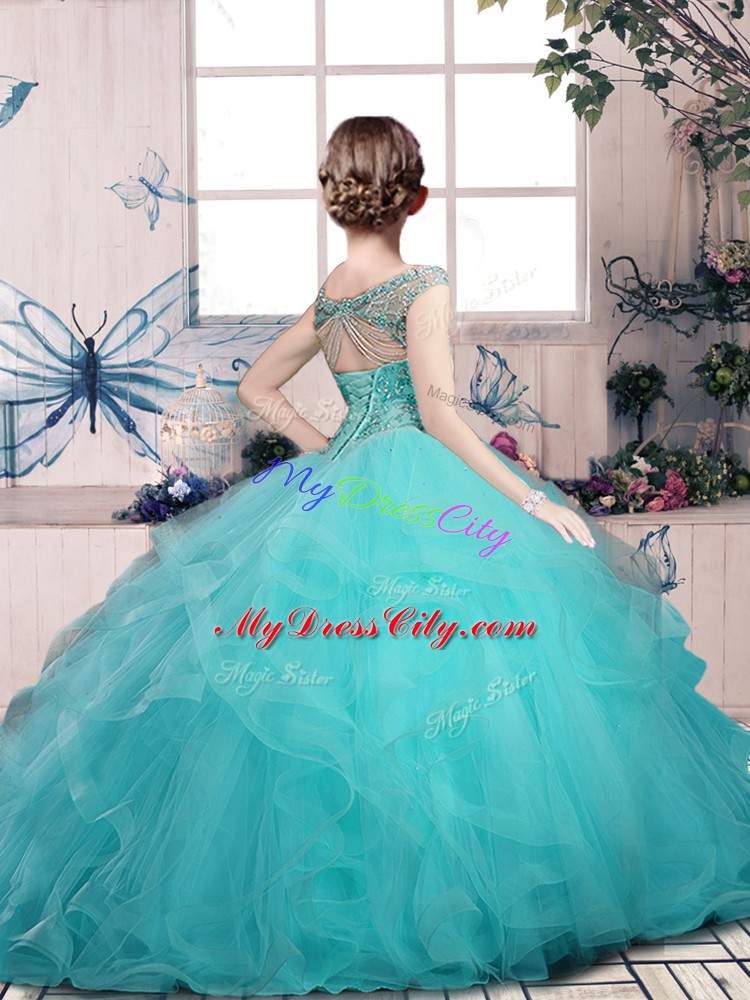 High Class Aqua Blue Lace Up Little Girl Pageant Gowns Beading and Ruffles Sleeveless Floor Length