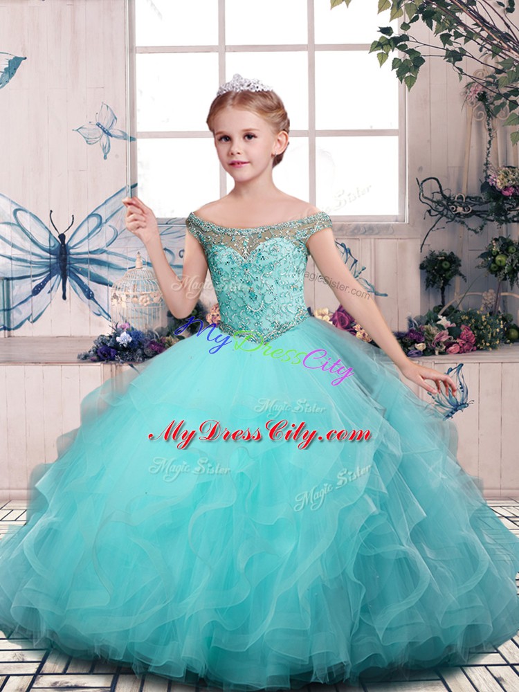 High Class Aqua Blue Lace Up Little Girl Pageant Gowns Beading and Ruffles Sleeveless Floor Length