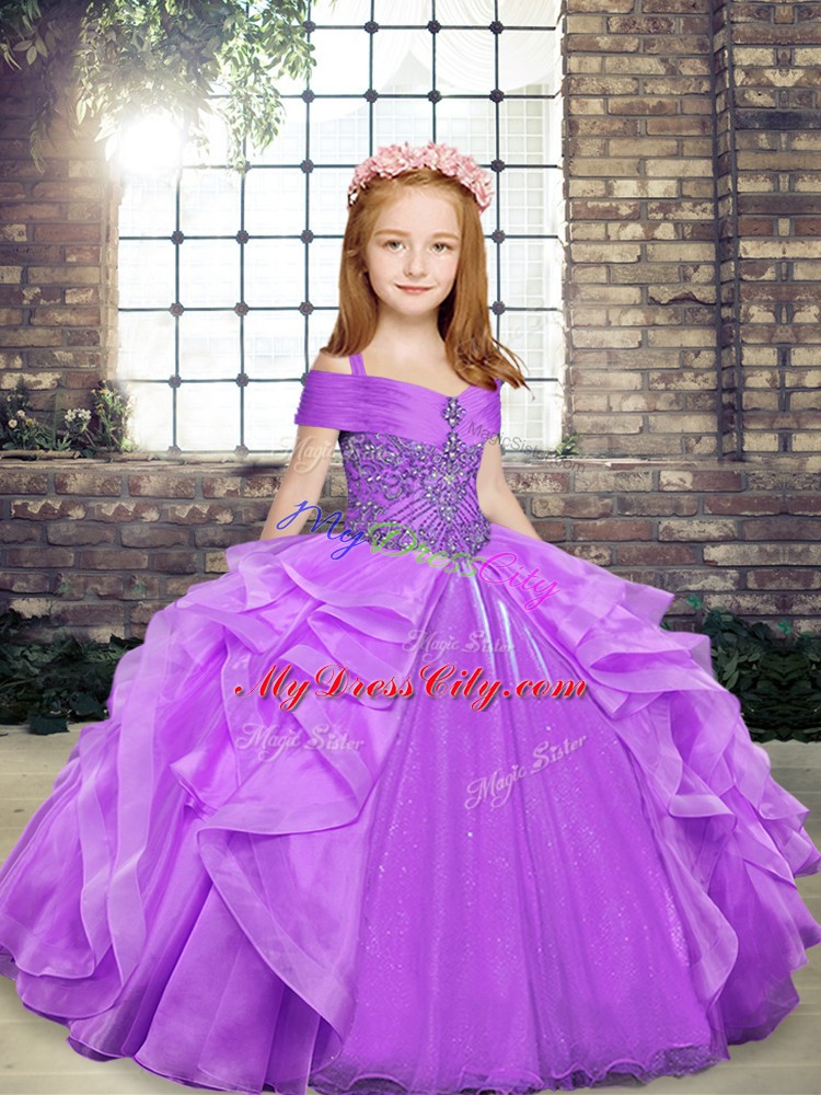 Amazing Lavender Ball Gowns Straps Sleeveless Organza Floor Length Lace Up Beading and Ruffles Pageant Dresses