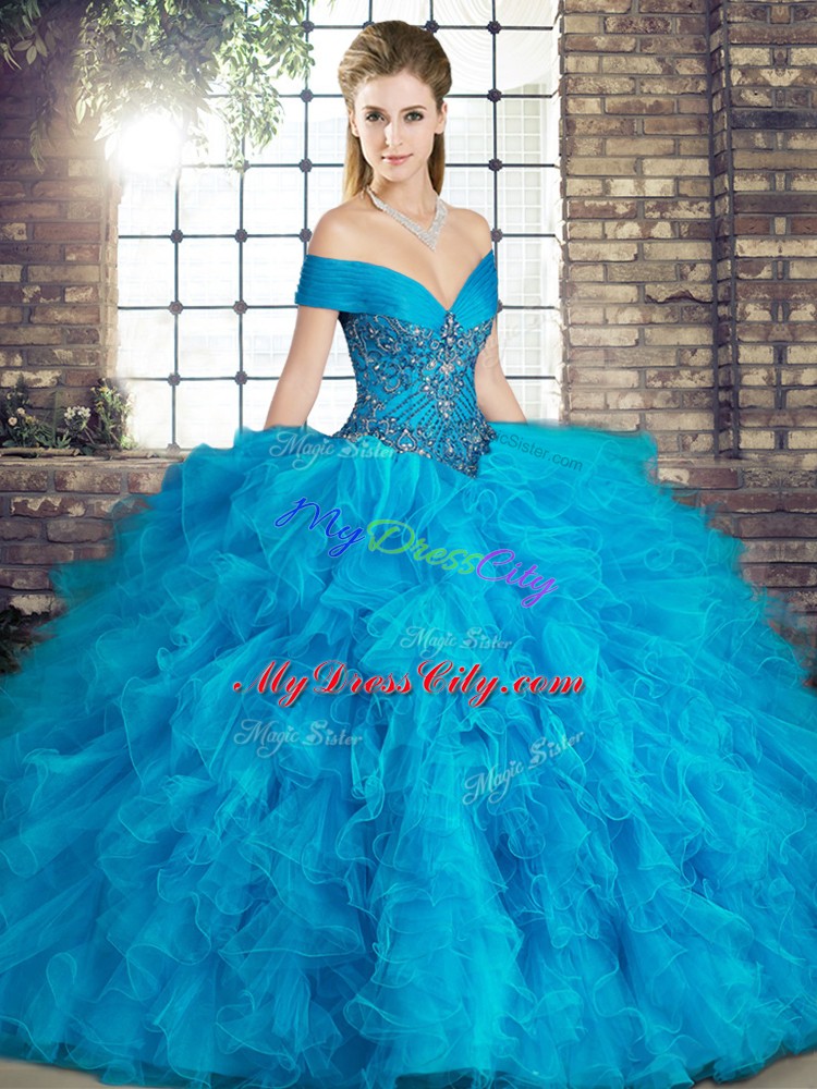 Beading and Ruffles Quinceanera Dress Blue Lace Up Sleeveless Floor Length