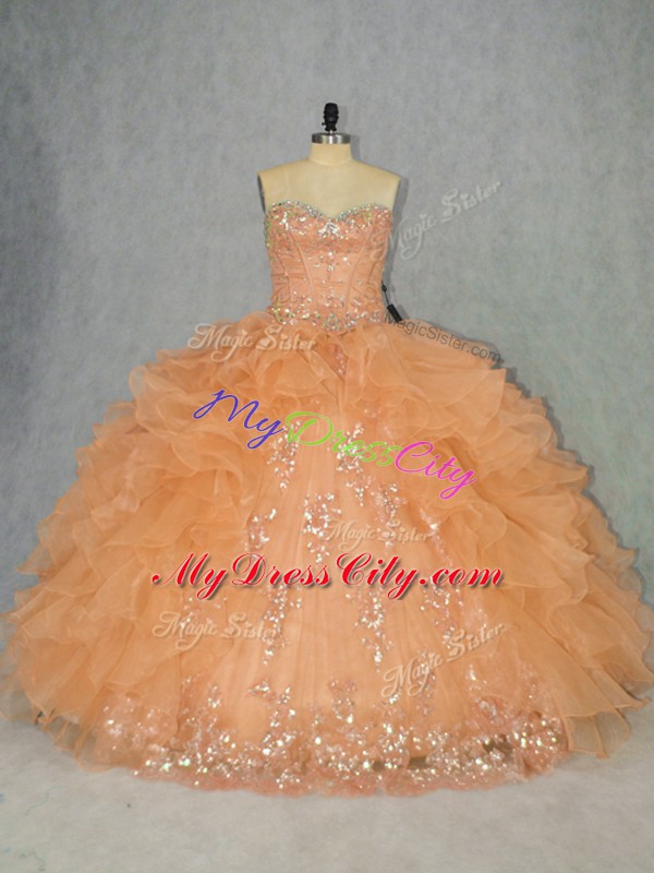 Noble Orange Lace Up Sweetheart Beading and Ruffles Quince Ball Gowns Organza Sleeveless