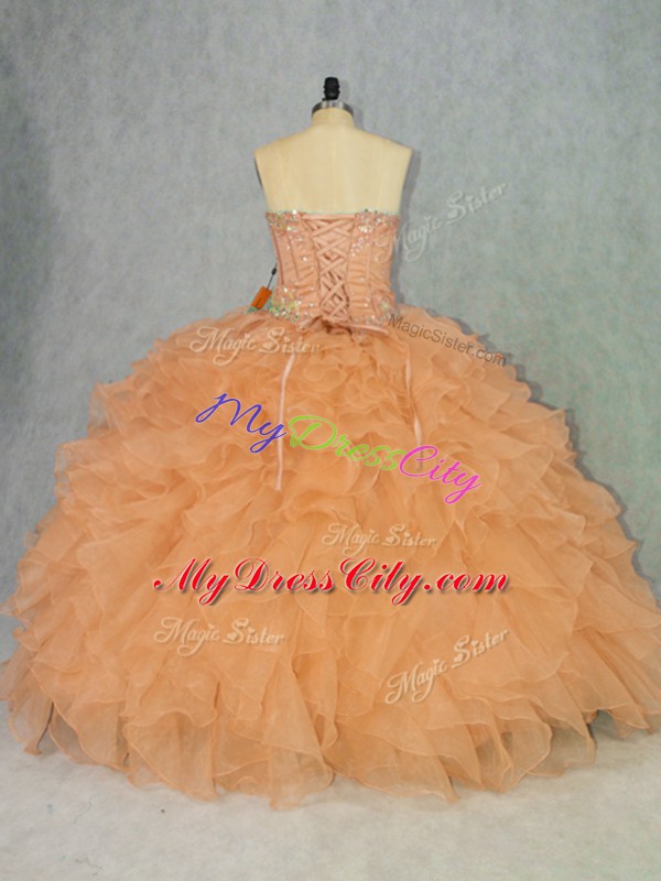 Noble Orange Lace Up Sweetheart Beading and Ruffles Quince Ball Gowns Organza Sleeveless