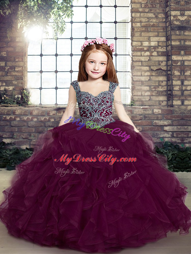 Floor Length Purple Kids Formal Wear Straps Sleeveless Lace Up