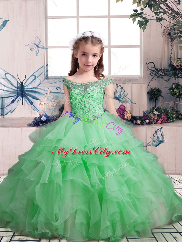 Floor Length Lace Up High School Pageant Dress for Party and Sweet 16 and Wedding Party with Beading and Ruffles