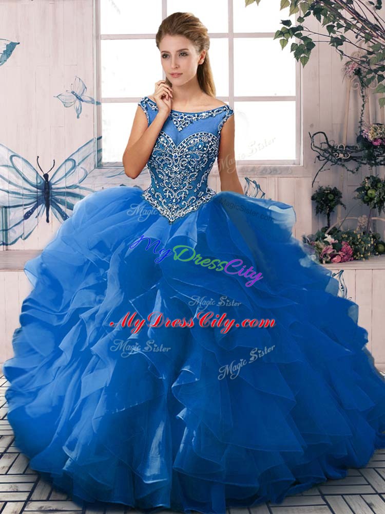 Organza Sleeveless Floor Length Ball Gown Prom Dress and Beading and Ruffles