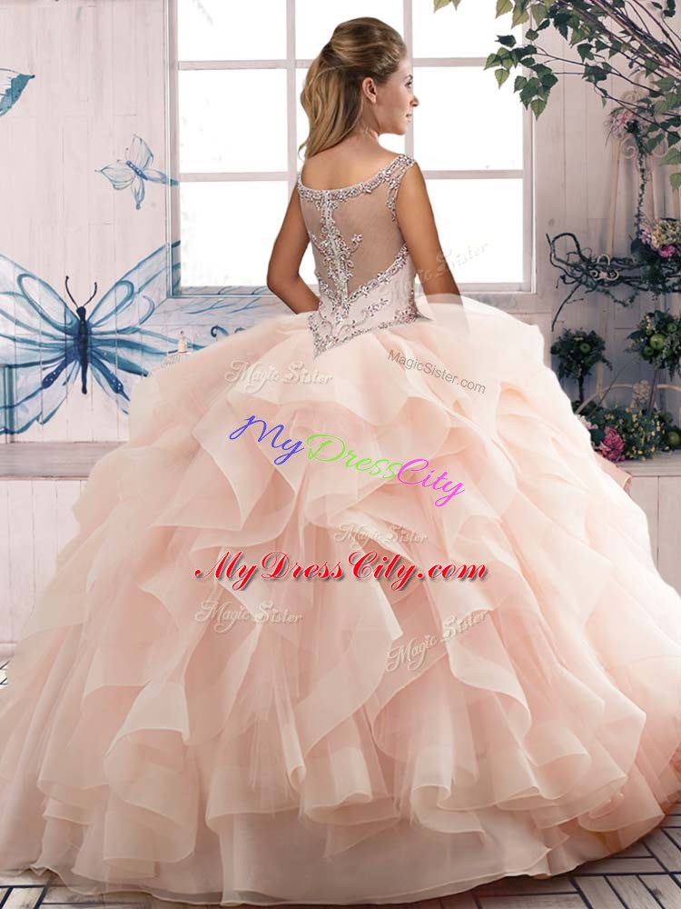 Organza Sleeveless Floor Length Ball Gown Prom Dress and Beading and Ruffles