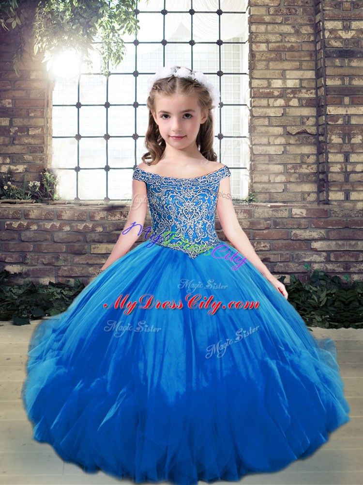 High End Tulle Off The Shoulder Sleeveless Lace Up Beading Little Girls Pageant Dress Wholesale in Blue