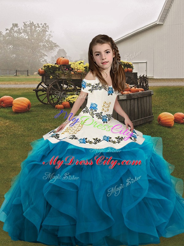 Sleeveless Floor Length Embroidery and Ruffles Lace Up Little Girl Pageant Dress with Blue