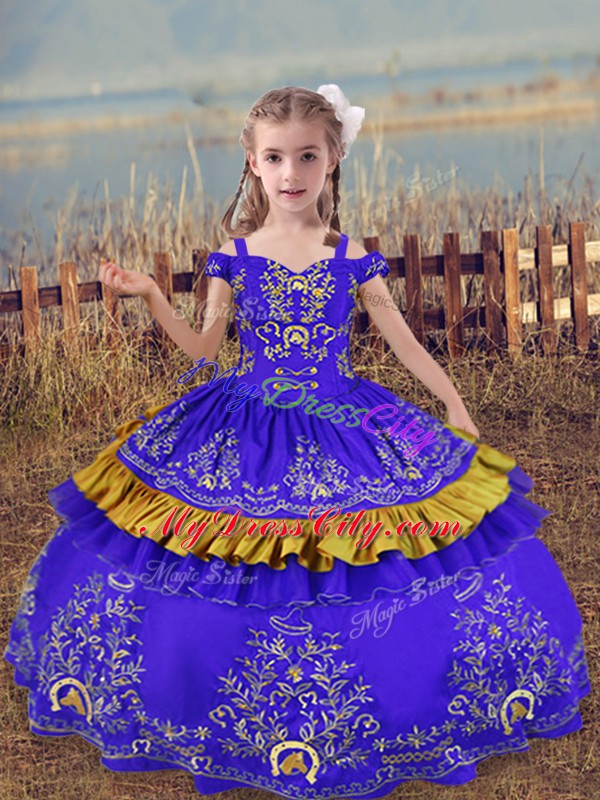 Best Blue Pageant Dress Wholesale Wedding Party with Beading and Embroidery Off The Shoulder Sleeveless Lace Up