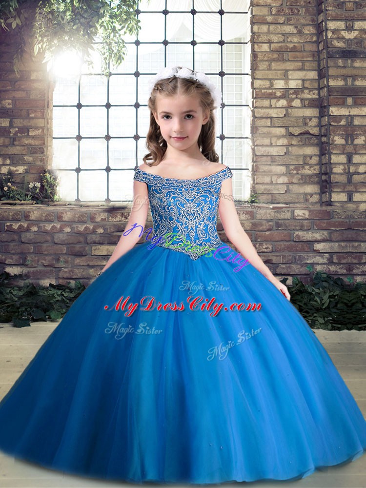 High End Floor Length Ball Gowns Sleeveless Blue Winning Pageant Gowns Lace Up