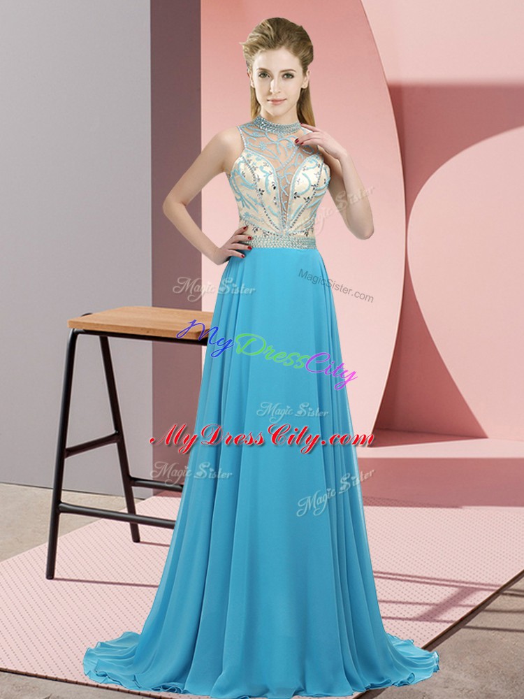 Dazzling Aqua Blue Backless Halter Top Beading Evening Dresses Chiffon Sleeveless Brush Train