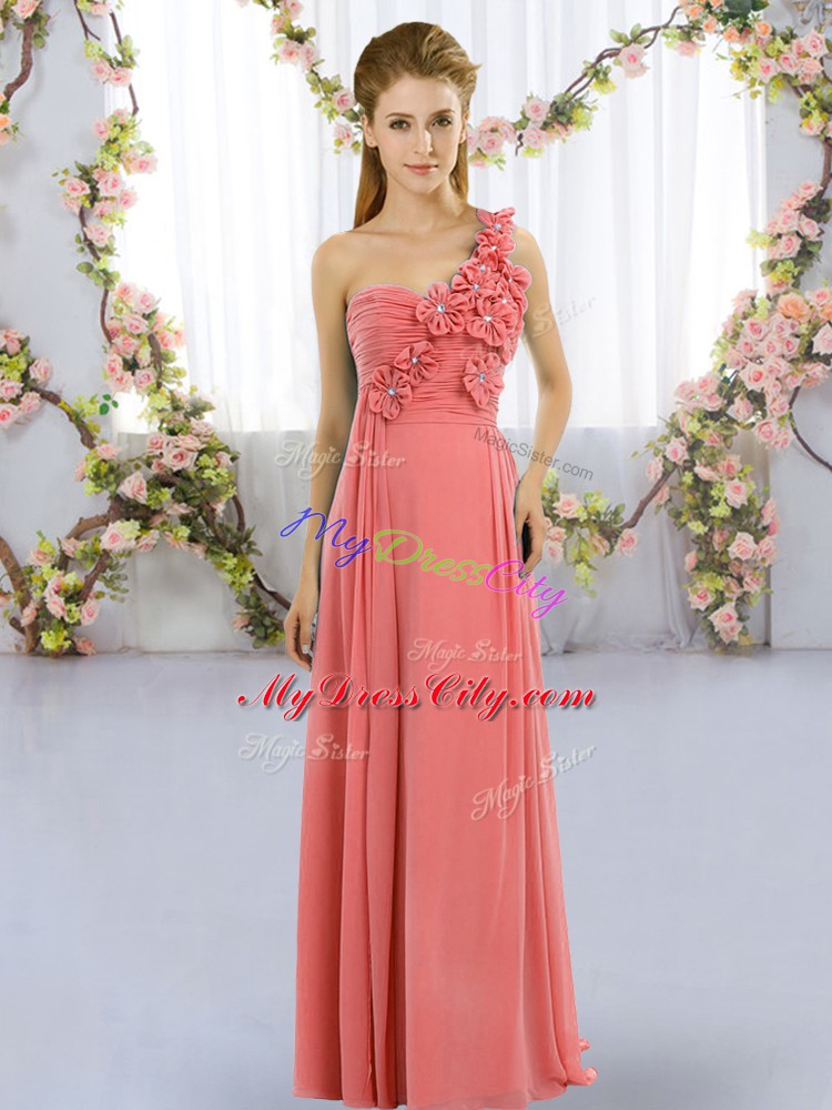 Low Price Hand Made Flower Bridesmaids Dress Watermelon Red Lace Up Sleeveless Floor Length