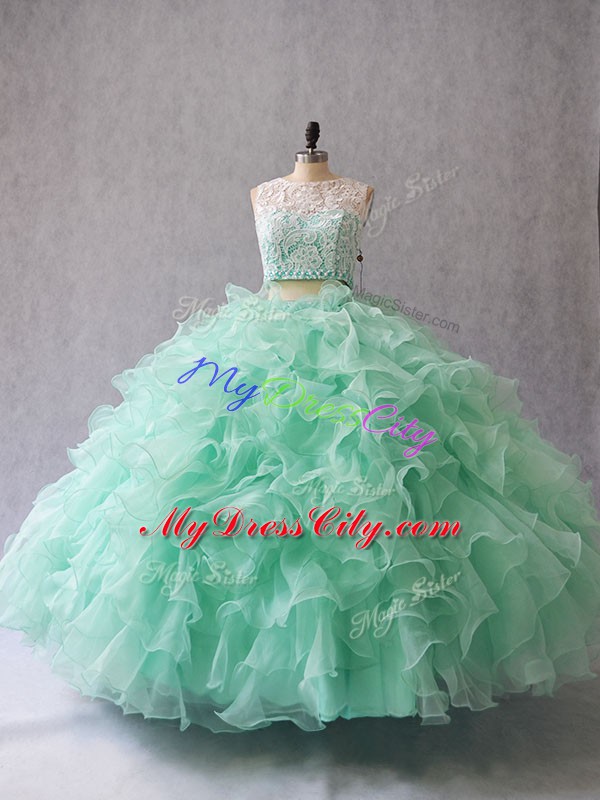 Captivating Apple Green Two Pieces Beading and Lace and Ruffles Quinceanera Gown Zipper Organza Sleeveless Floor Length