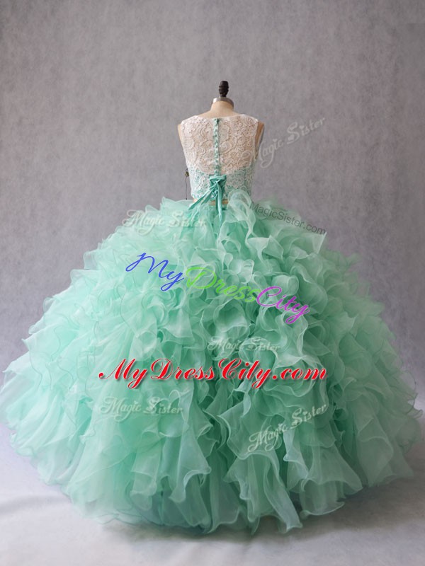 Captivating Apple Green Two Pieces Beading and Lace and Ruffles Quinceanera Gown Zipper Organza Sleeveless Floor Length