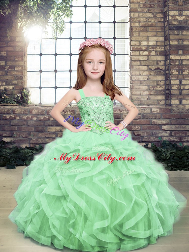 Floor Length Apple Green Child Pageant Dress Organza and Tulle Sleeveless Beading and Ruffles