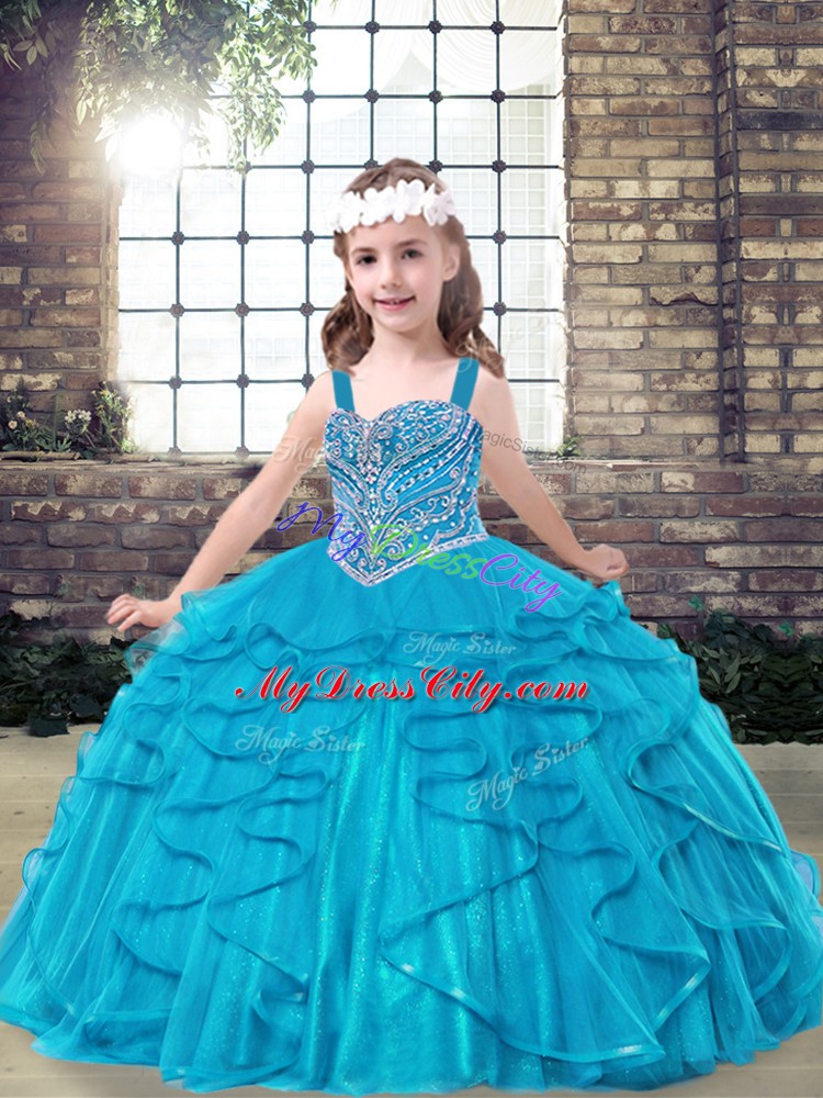 Modern Blue Sleeveless Floor Length Beading and Ruffles Lace Up Winning Pageant Gowns