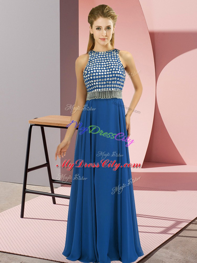 Super Blue Chiffon Side Zipper Scoop Sleeveless Floor Length Prom Evening Gown Beading