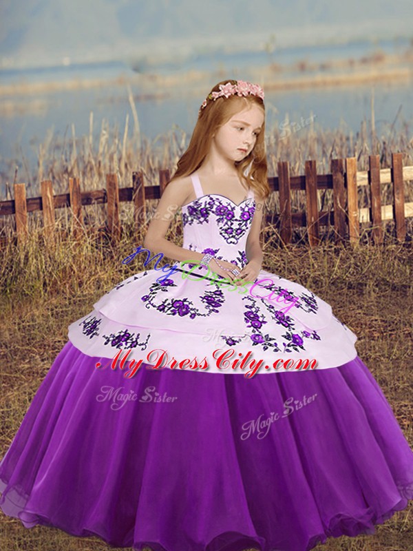 Superior Eggplant Purple Lace Up Straps Embroidery Little Girls Pageant Gowns Organza Sleeveless