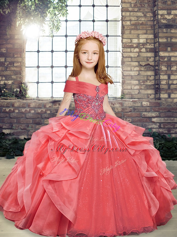 Stunning Beading and Ruffles Little Girls Pageant Gowns Coral Red Lace Up Sleeveless Floor Length