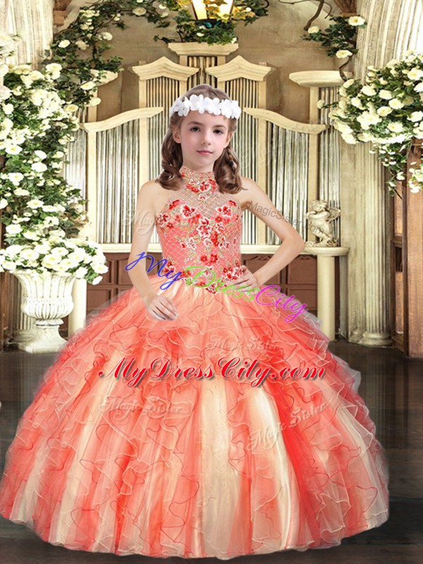 Classical Orange Red Ball Gowns Appliques and Ruffles Pageant Dress for Womens Lace Up Tulle Sleeveless Floor Length