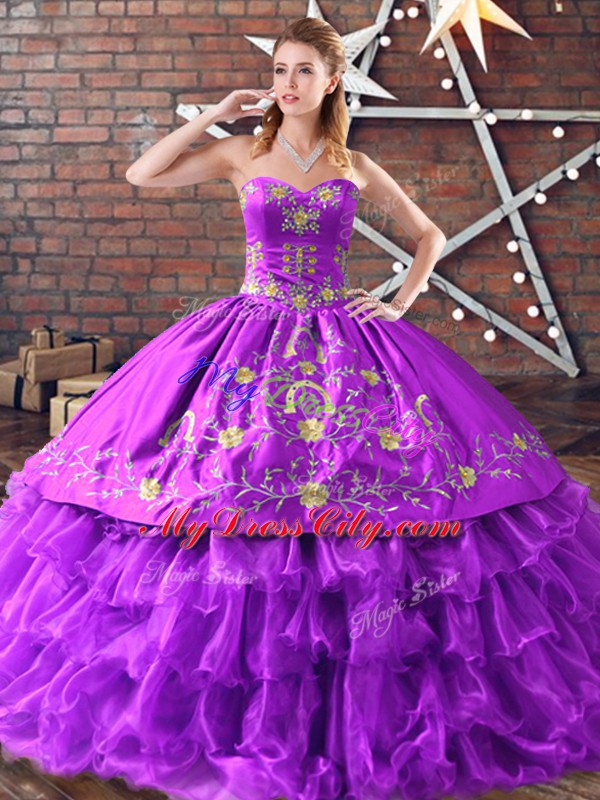 New Style Sleeveless Embroidery and Ruffled Layers Lace Up Quinceanera Gowns