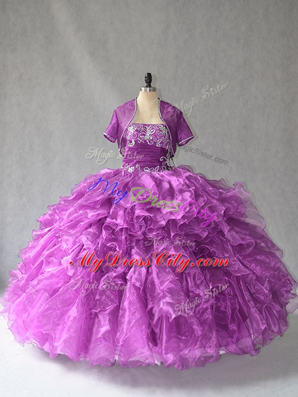 Stylish Floor Length Lace Up Sweet 16 Dresses Purple for Sweet 16 and Quinceanera with Beading and Ruffles