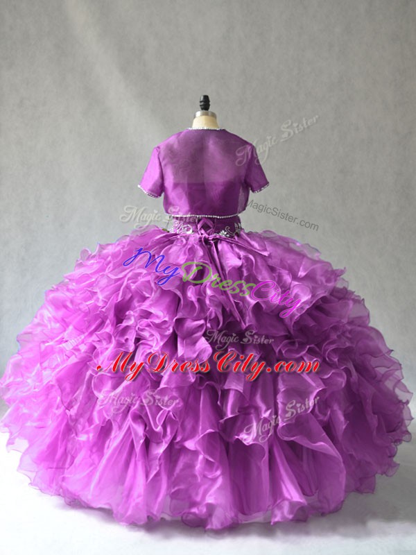 Stylish Floor Length Lace Up Sweet 16 Dresses Purple for Sweet 16 and Quinceanera with Beading and Ruffles