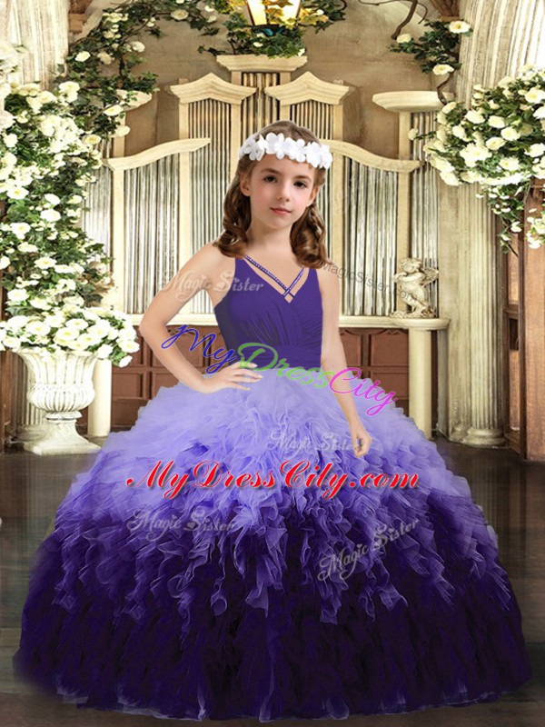 Multi-color V-neck Neckline Ruffles Girls Pageant Dresses Sleeveless Zipper