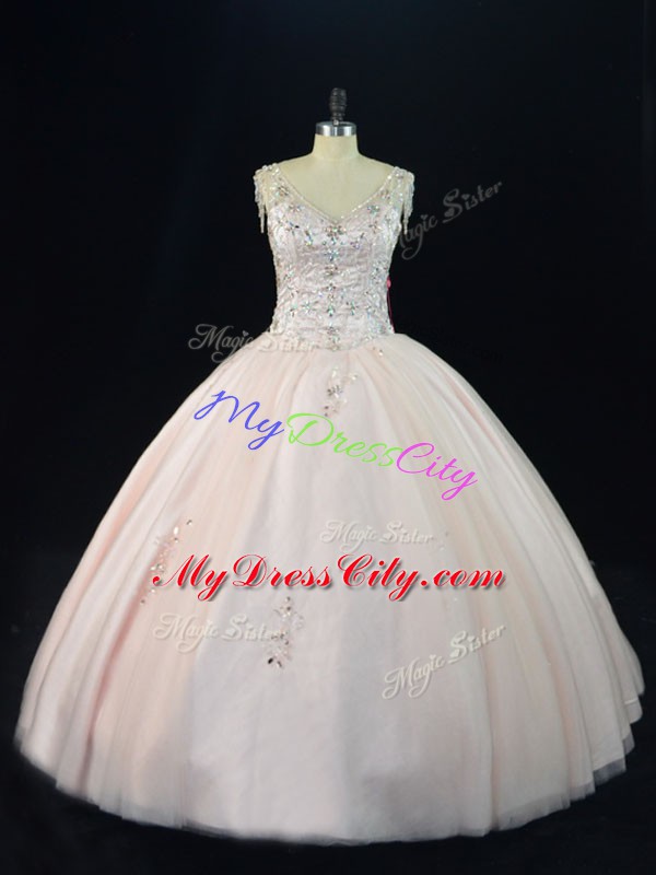 Discount Tulle Sleeveless Floor Length 15 Quinceanera Dress and Beading