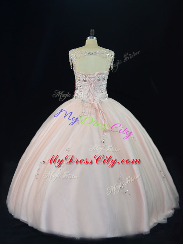 Discount Tulle Sleeveless Floor Length 15 Quinceanera Dress and Beading