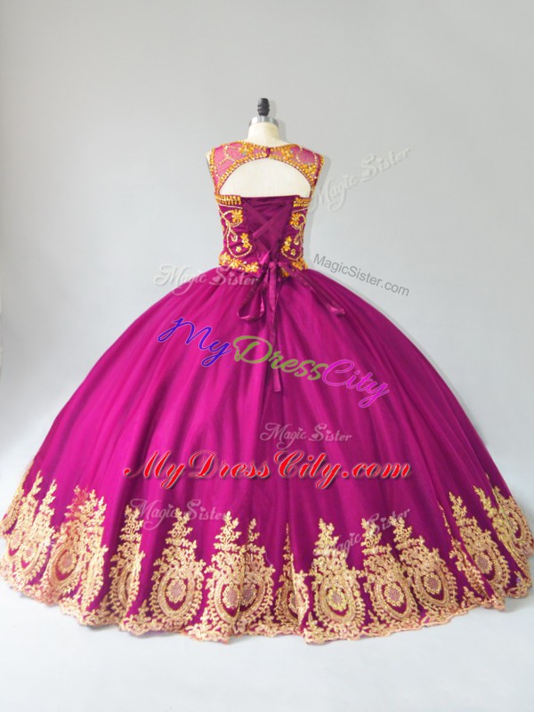 Fuchsia Tulle Lace Up Ball Gown Prom Dress Sleeveless Floor Length Beading and Appliques