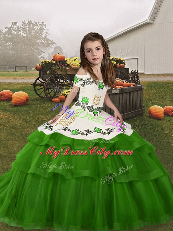 Dazzling Green Sleeveless Embroidery and Ruffled Layers Floor Length Custom Made Pageant Dress