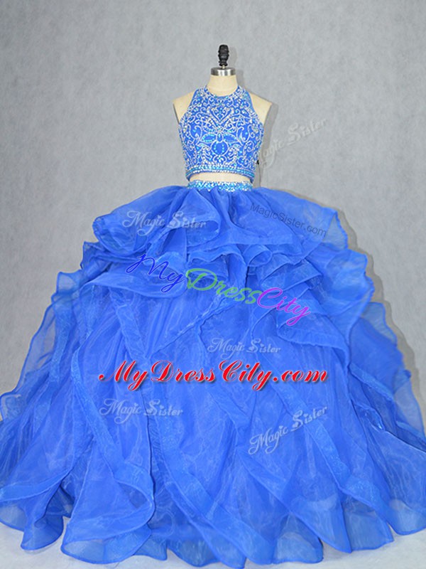 Blue Organza Backless Halter Top Sleeveless Sweet 16 Quinceanera Dress Court Train Beading and Ruffles