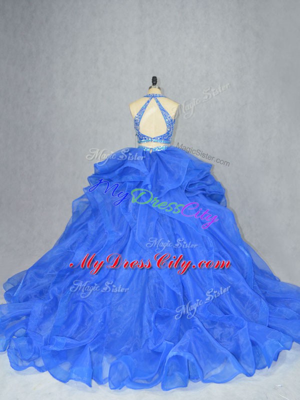 Blue Organza Backless Halter Top Sleeveless Sweet 16 Quinceanera Dress Court Train Beading and Ruffles