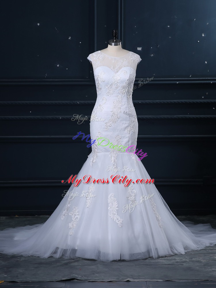 White Mermaid Tulle Scoop Sleeveless Lace Clasp Handle Wedding Dresses Brush Train