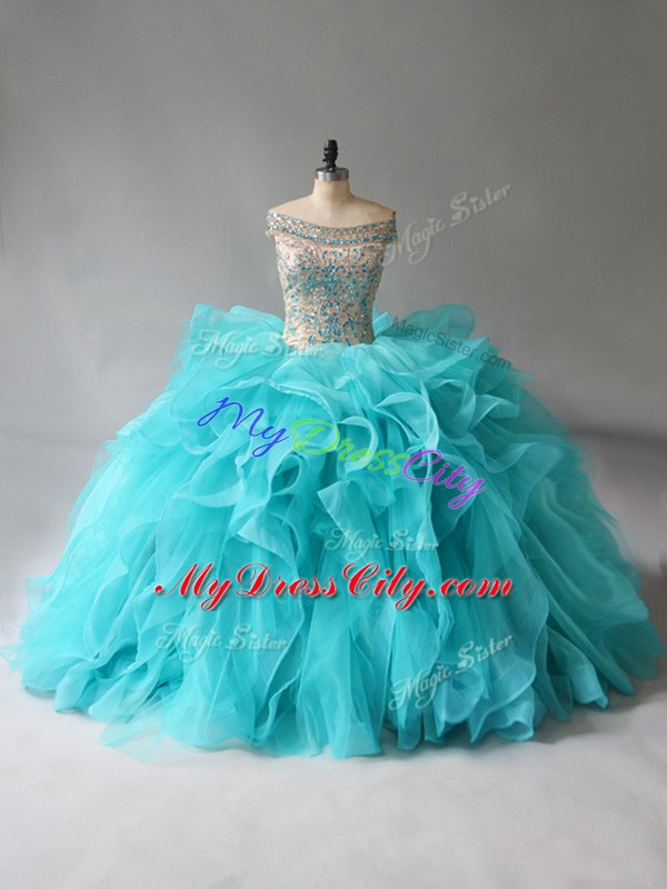 Off The Shoulder Sleeveless Brush Train Lace Up Quince Ball Gowns Aqua Blue Organza