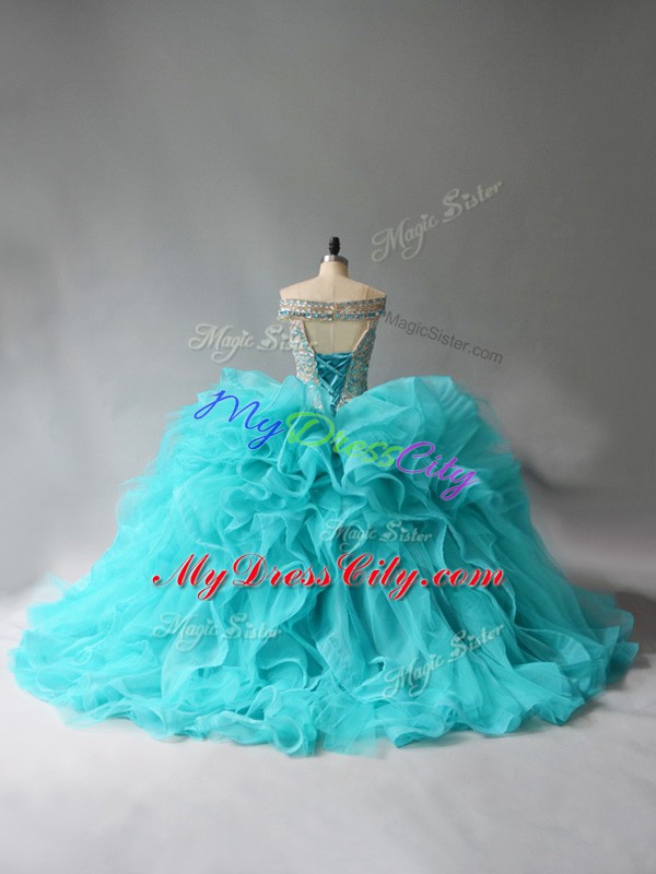 Off The Shoulder Sleeveless Brush Train Lace Up Quince Ball Gowns Aqua Blue Organza