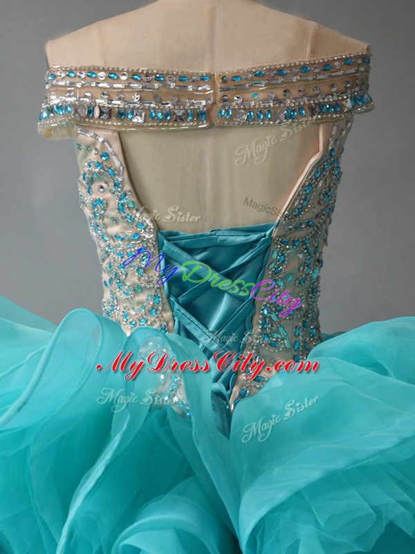 Off The Shoulder Sleeveless Brush Train Lace Up Quince Ball Gowns Aqua Blue Organza