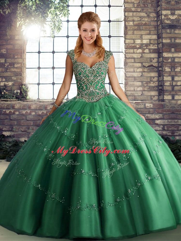 Cute Green Ball Gowns Straps Sleeveless Tulle Floor Length Lace Up Beading and Appliques Quinceanera Dresses