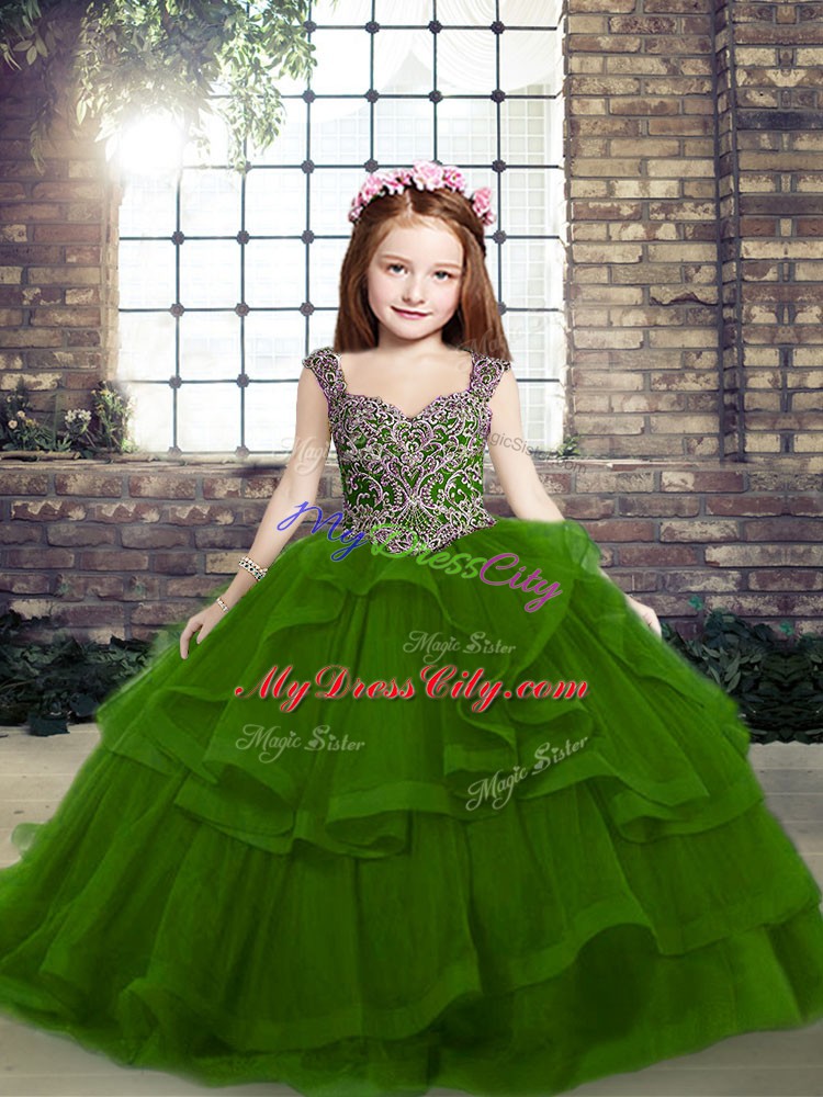 Custom Made Floor Length Green Child Pageant Dress Straps Sleeveless Lace Up