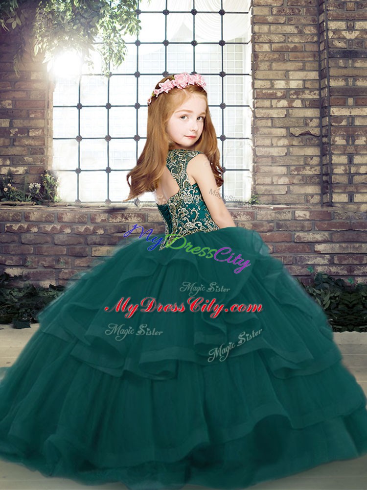 Custom Made Floor Length Green Child Pageant Dress Straps Sleeveless Lace Up