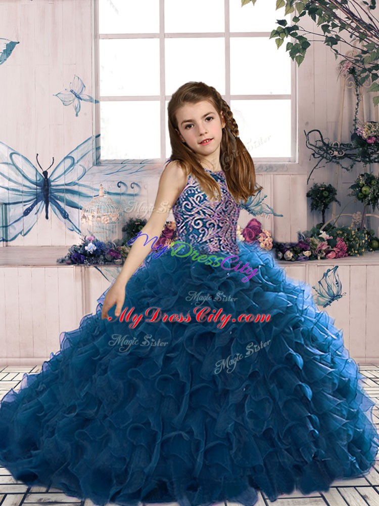 Amazing Sleeveless Lace Up Floor Length Beading and Ruffles Pageant Gowns For Girls