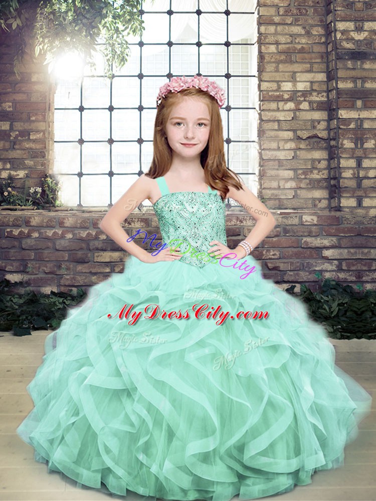 Modern Apple Green Straps Neckline Beading and Ruffles Pageant Dress for Teens Sleeveless Lace Up