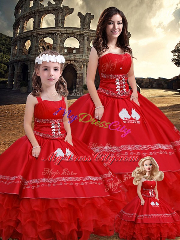 Popular Strapless Sleeveless Lace Up Ball Gown Prom Dress Red Satin